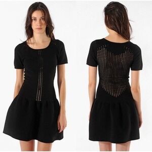 Maje Ambre Black Laser Cut‎ Out Knit Ribbed Mini Dress Sz 1 US XS